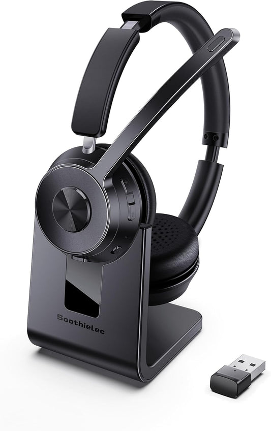 (Upgraded Version) Wireless Headset, Bluetooth Headset with Noise Cancelling Microphone, Best Headphones with Mic Mute & USB Dongle for PC/Computer/Laptop/Cell Phones/Remote Work/Call Center