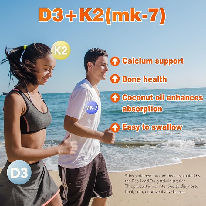 VEV Vitamin D3 K2, 5000 IU D3 100mcg K2 (MK 7), 300 Softgels, 2-in-1 Vitamin D & K Supplement with Coconut Oil, Supports Calcium Absorption and Bone Health, Easy to Swallow