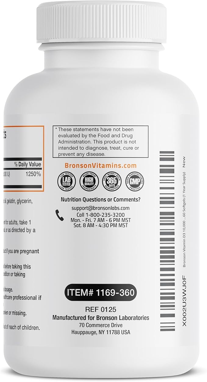 Bronson Vitamin D3 10,000 IU (250 mcg) High Potency - Supports Healthy Immune System, Strong Bones, Muscles & Teeth - Non GMO, 360 Softgels (1 Year Supply)