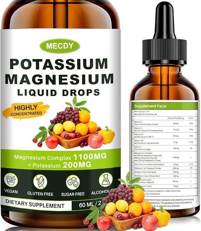 Magnesium Glycinate Liquid, Triple Magnesium Complex 1100MG, Potassium Magnesium Supplement with Vitamins ＆ Calcium, Relieves Fatigue, Promotes Muscle, Joint & Nerve Health, 2 FL.OZ Drops