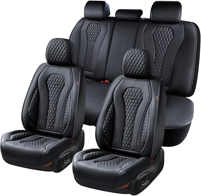 Coverado Seat Covers, Car Seat Covers Full Set, Black Car Seat Cover, Car Seat Covers Front Seats Back Seat Cover, Waterproof Car Seat Cushion, Leather Seat Covers Seat Protector Fit for Most Cars