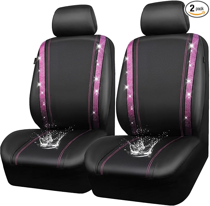 CAR PASS Leather Bling Diamond Car Seat Covers 2 Front Interior Sets, Waterproof Universal Shining Glitter Crystal Sparkle Fit for Automotive Truck SUV Cute Women Girl, Black Pink Rhinestones