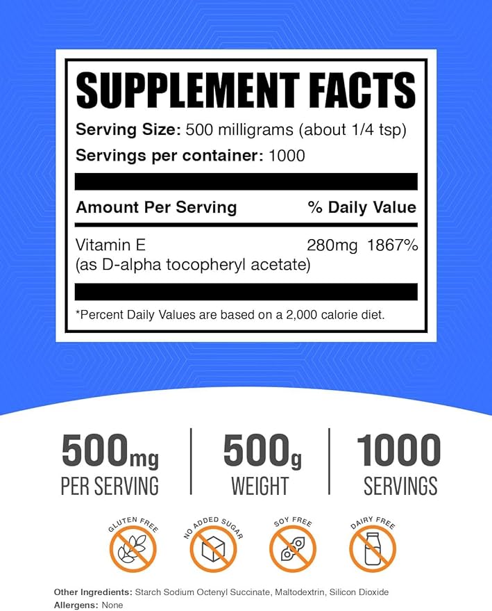 BulkSupplements.com Vitamin E 400 IU Powder - as D-Alpha Tocopherol, Nutritional Supplements - Gluten Free, 500mg per Serving, 500g (1.1 lbs) (Pack of 1)