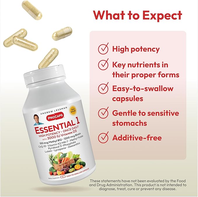ANDREW LESSMAN Essential-1 Multivitamin 3000 IU Vitamin D3 30 Small Capsules - 100 mcg Methyl B12. CoQ10 Lutein Lycopene Zeaxanthin. High Potency. No Additives. Ultra-Mild. One Daily Capsule