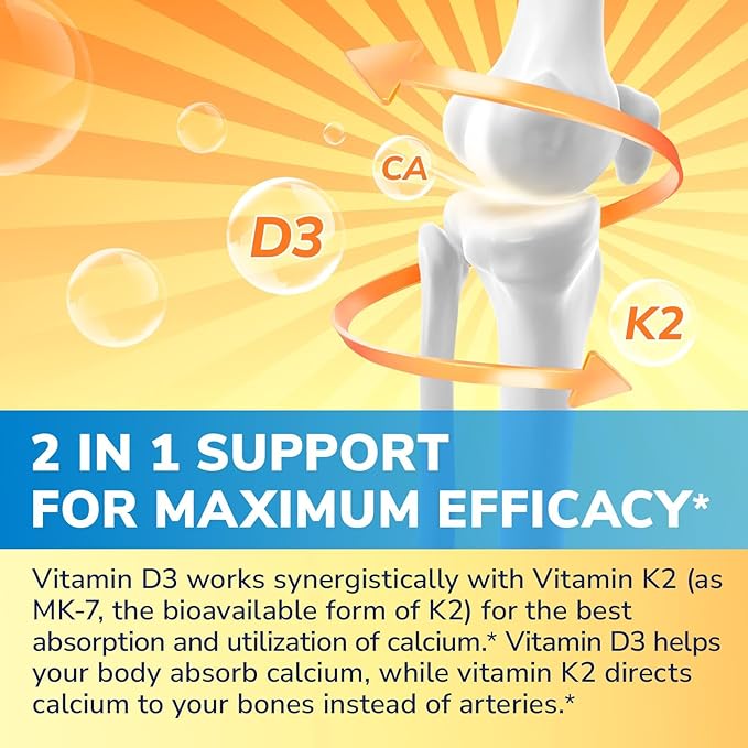 Vitamin D3 K2 Supplement, 10000 IU D3 / 200 mcg K2 MK7, Calcium Absorption, Bone, Heart, Immune & Muscle Support, Enhanced Absorption, No Soy, Easy to Swallow, 90 Softgels
