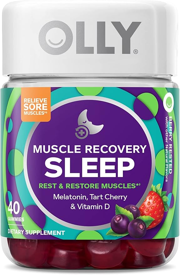 OLLY Muscle Recovery Sleep Gummies, Sleep and Sore Muscle Support, 3mg Melatonin, Tart Cherry & Daily Energy Gummy, Caffeine Free, Vitamin B12, CoQ10, Goji Berry, Adult Chewable Supplement