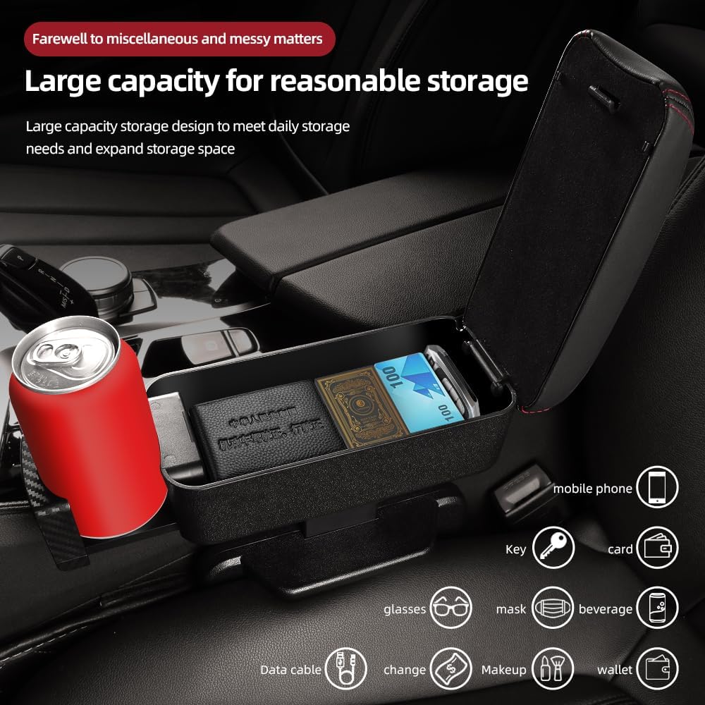 JEYODA Car Armrest Box with Cup Holder Car Central Liftable Armres Storage Organizer Box Arm Rest，Car Seat Gap Filler Organizer (Brwon)