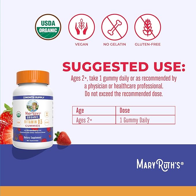 MaryRuth's Organic Vitamin D3 Gummies | 1000 IU | USDA Organic | Immune Support| Bone Health | Muscle Function | for Adults & Kids Ages 2+ | Vegan | Gluten Free | 2 Month Supply | 60 Count