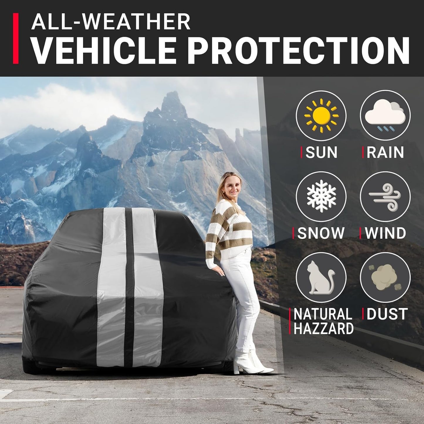 iCarCover Custom Car Cover for Pontiac Tempest Wagon (1964-1968) Waterproof All-Weather Rain Snow UV Sun Protector Full Exterior Indoor Outdoor Car Cover (Stripe - Black/Gray)