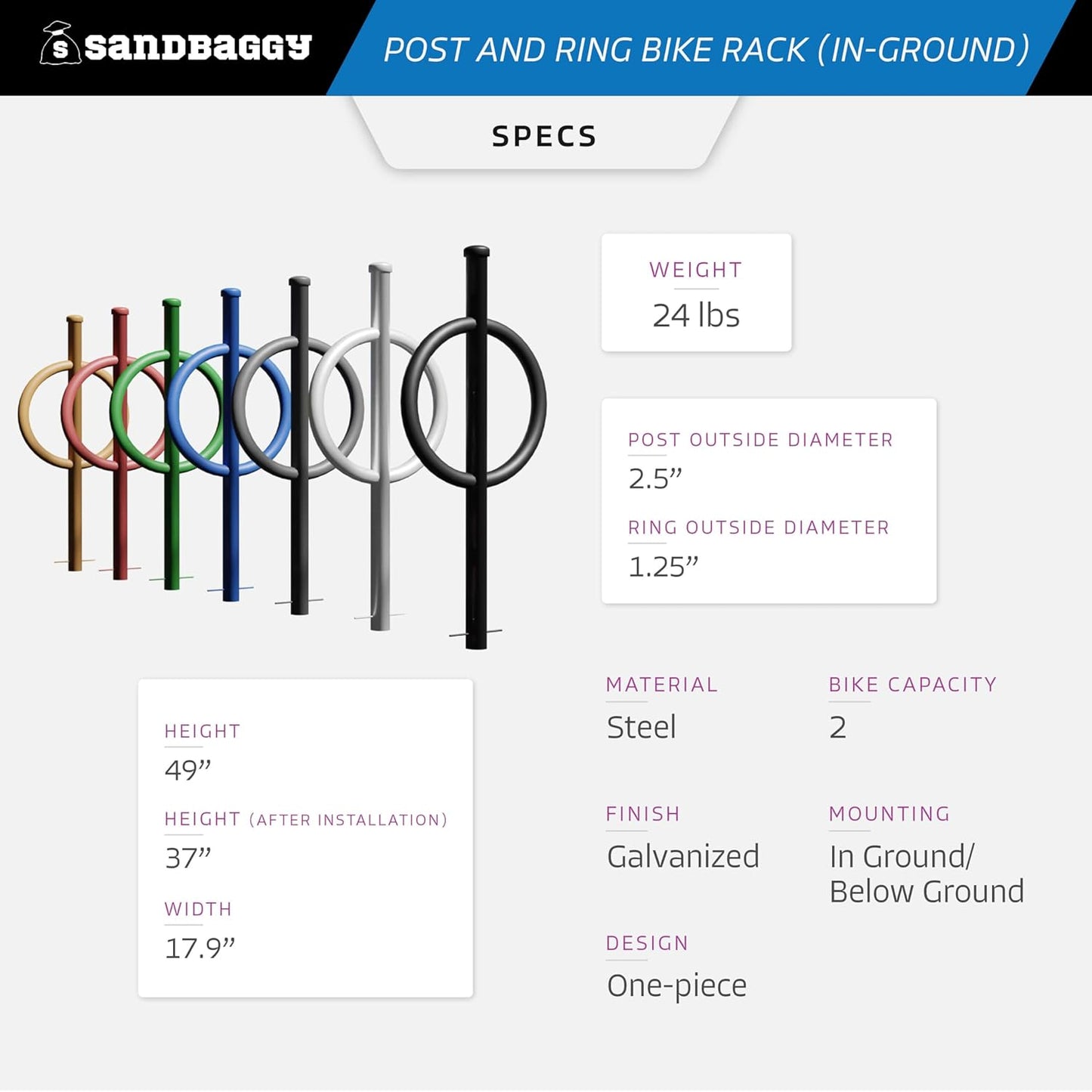 Sandbaggy Post and Ring Rack - In Ground - Commercial Outdoor Bike Parking & Storage Racks (Black, 1)