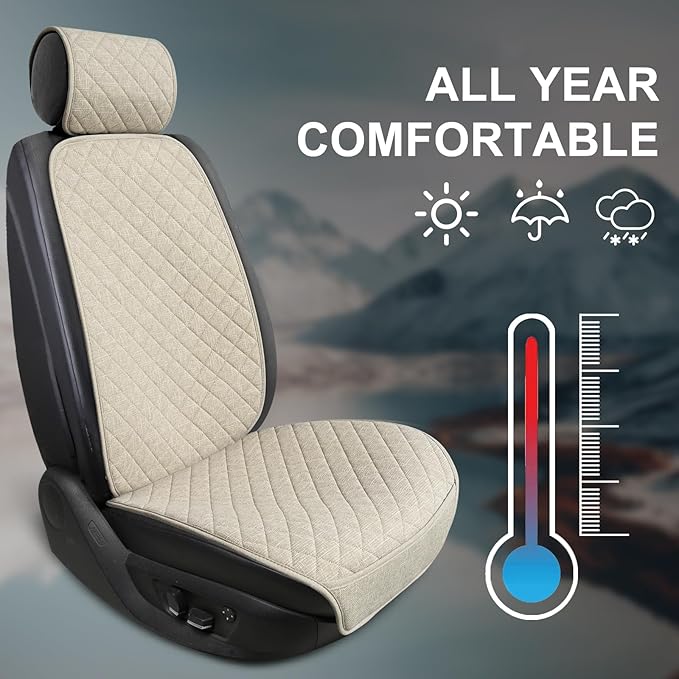 Linen Car Seat Covers Front Seat Covers Breathable Cloth Fabric Car Seat Protector - Universal Fit for Cars, Vans, SUVs, Trucks - 2 Units - Beige