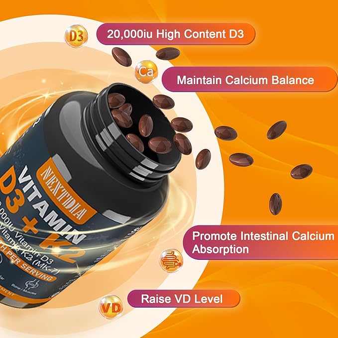 Vitamin D3 20,000 IU + K2(MK7) 200mcg-Optimal Vitamin D3 & K2-Support Strong Bones & Muscle, Calcium Absorption & Immune Health, Helping Vitamin D Deficiencies, Easy to Swallow, (Pack of 2)