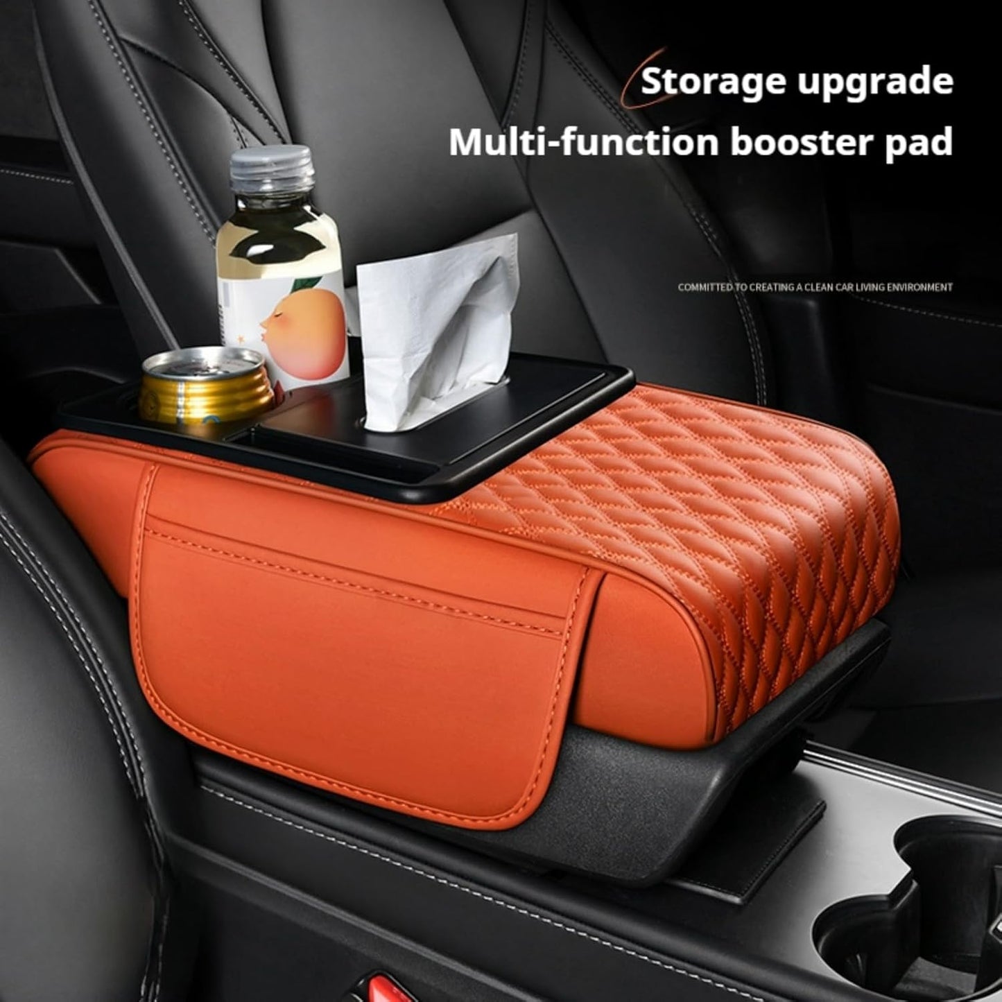5-In-1 Center Console Cover Organizer with Cup Holder, Storage Pocket and Tissue Box, Armrest Cover Cushion Pad, Water Ripples, Black