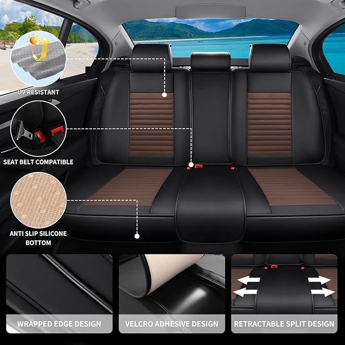 Truck Seat Covers Full Set Fit for Toyota Tacoma 2001-2025, Premium Faux Leather Car Seat Protector,Breathable Anti-Slip Full Wrapping Edge Seat Covers(Black&Brown,Full Set)