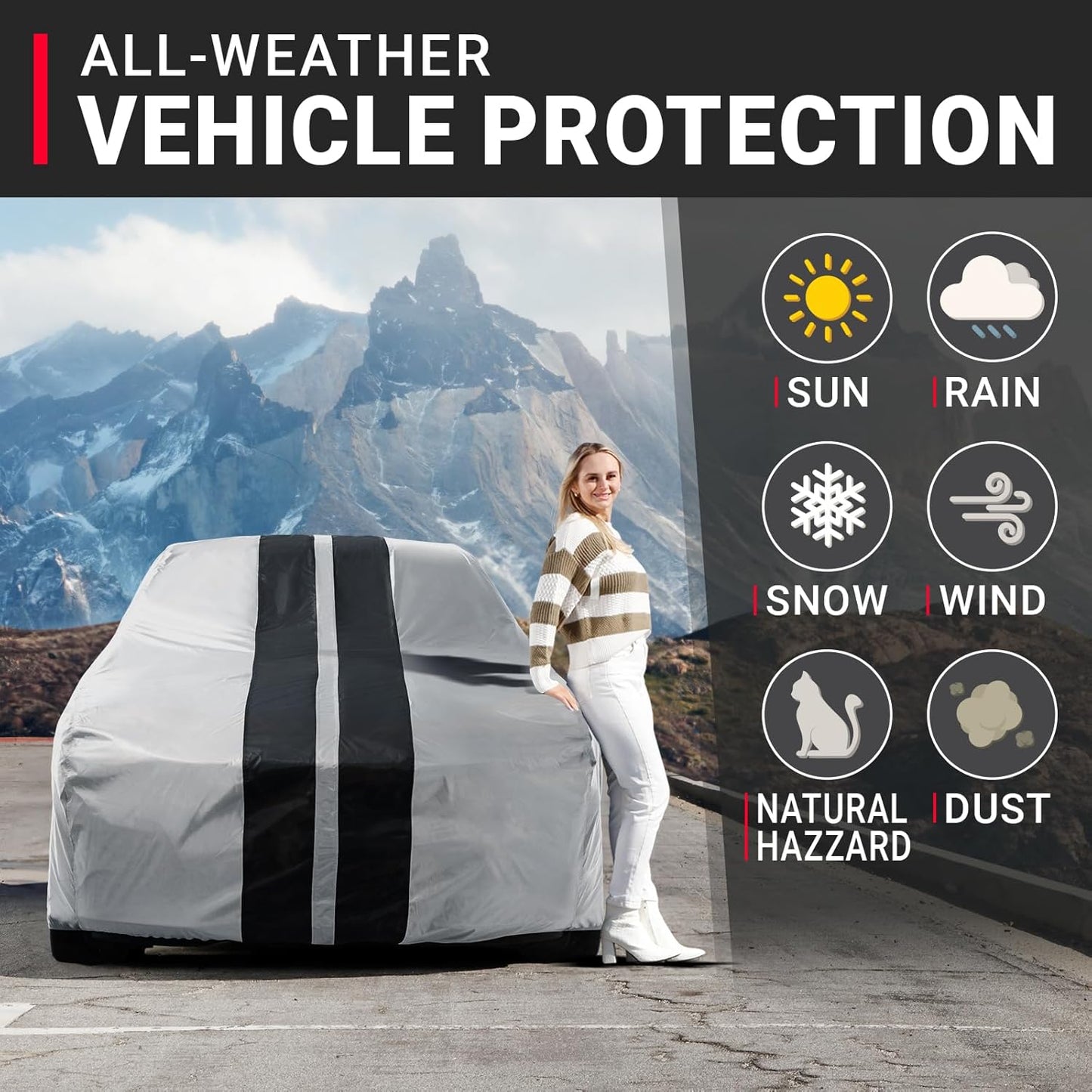 iCarCover Custom Car Cover for Pontiac Bonneville (1971-1976) Waterproof All-Weather Rain Snow UV Sun Protector Full Exterior Indoor Outdoor Car Cover (Stripe - Gray/Black)