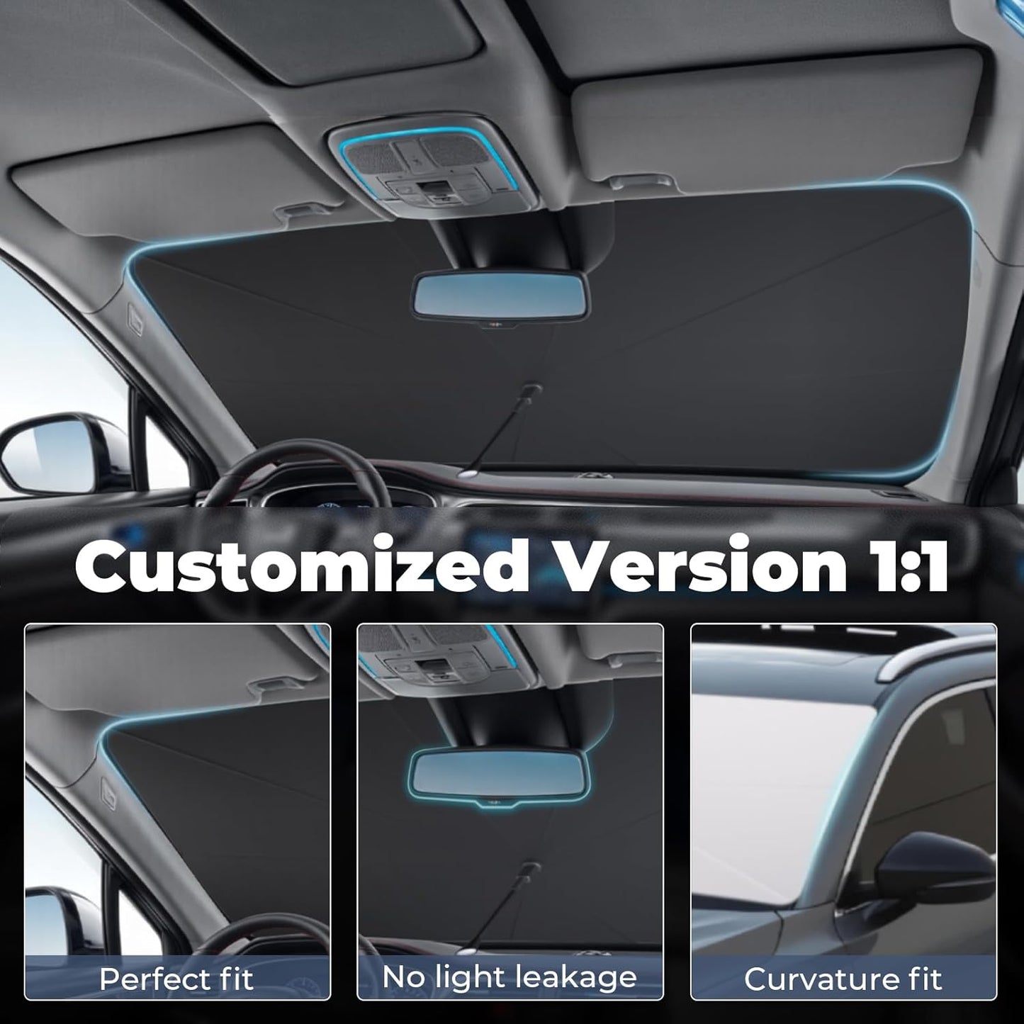 Windshield Sun Shade Umbrella: for Tesla Model3-2016-2023 2024 2025 Model 3 Highland- Front Car Tesla Window Shades - 4-Layers Tesla-Model 3 Thickened Foldable Sunshades Block UV Keep Cool