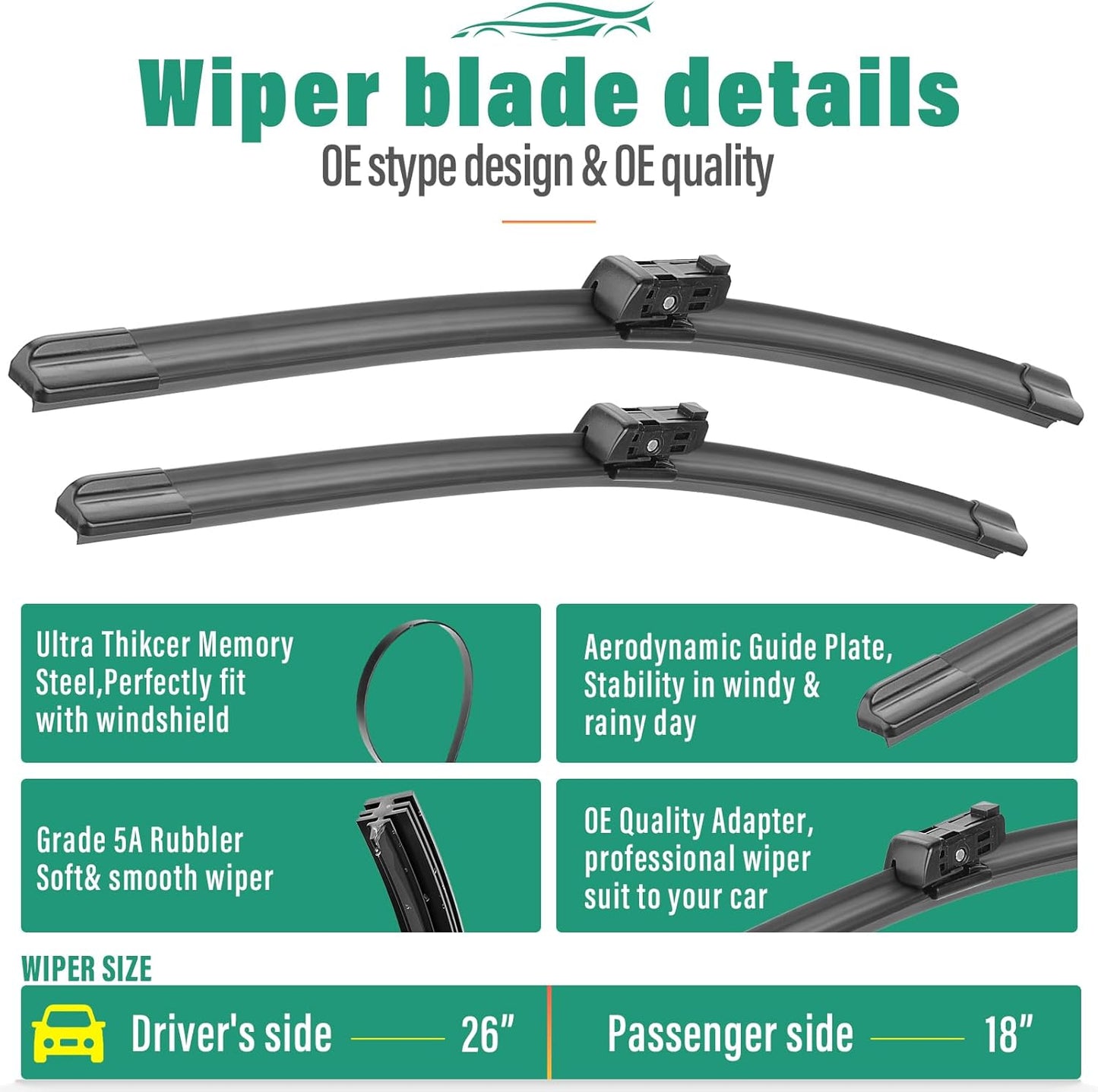 26" 18" 13" Windshield Wiper Blades Replacement for Alfa Romeo Stelvio 2018 2019 2020 2021 2022 2023 Premium All Weather Front Rear Wipers Set - OEM Quality (Pack of 3)