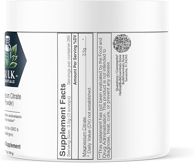 Pure Magnesium Citrate Powder – Unflavored 1000g Supplement for Muscle, Heart & Digestive Support – USA Made, Free from GMO & Gluten – Magnesio 3.5g Per Serving