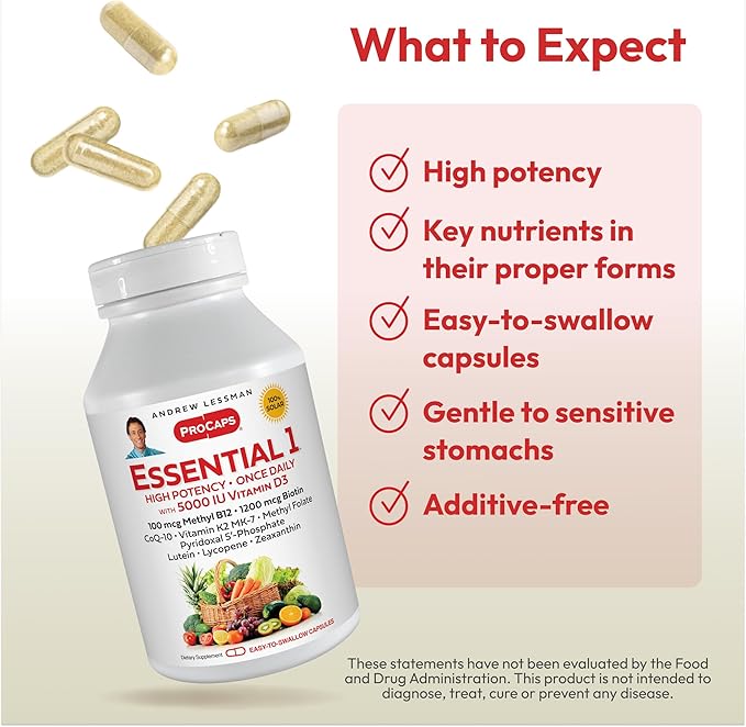 ANDREW LESSMAN Essential-1 Multivitamin 5000 IU Vitamin D3 180 Small Capsules - 100 mcg Methyl B12. CoQ10 Lutein Lycopene Zeaxanthin. High Potency. No Additives. Ultra-Mild. One Daily Capsule