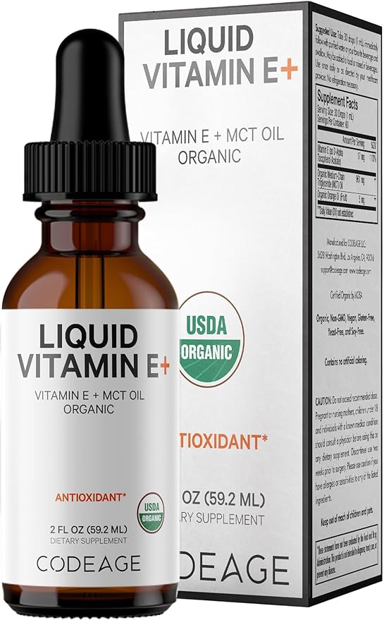Codeage Liquid Vitamin E+ - USDA-Certified Organic Vitamin E - 2-Month Supply - D-Alpha Tocopherol Acetate, Organic MCT Oil, Organic Orange Fruit Oil, Unflavored, Non-GMO, Vegan, Gluten-Free, 2 fl oz