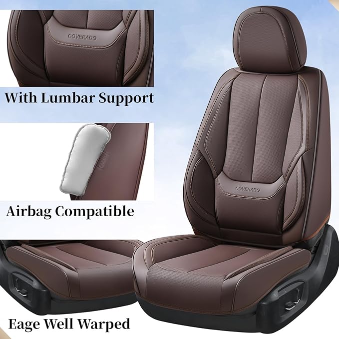 Coverado Seat Covers, Car Seat Covers Front Seats, Car Seat Cover, Car Seat Protector Waterproof, Car Seat Cushion Nappa Leather, Brwon Seat Covers Carseat Cover Universal Fit for Most Cars