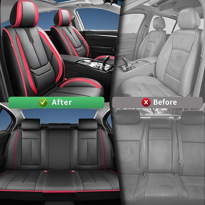 Fit Kona Car Seat Covers for Hyundai Kona 2018-2024 2025 2026 -Upgraded Premium Waterproof & Breathable Leather,Airbag Compatible,All-Weather Seat Cushion Protector,2 Front/Black-Red