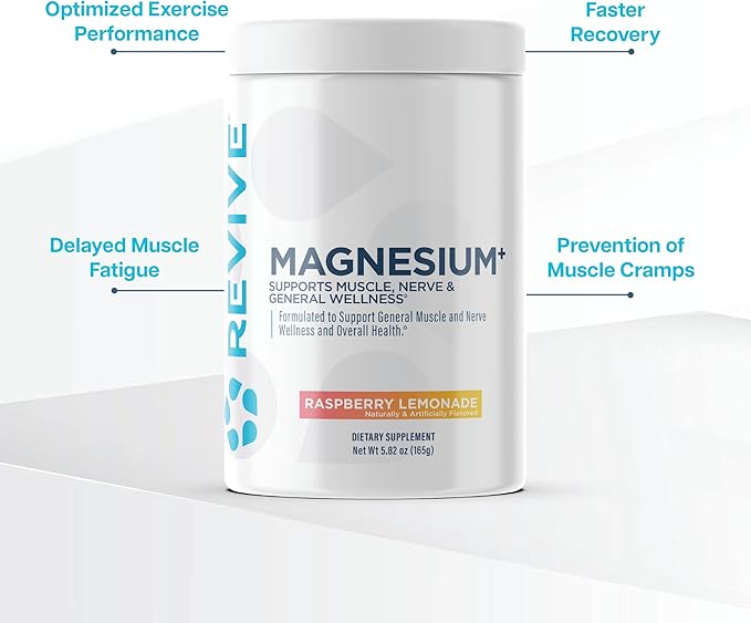 Revive MD Magnesium Powder Supplement - Magnesium Carbonate & Taurate Powder Drink Supports Healthy Bones, Muscles, & Nerves - Vegan-Friendly, Gluten-Free & Soy-Free - 30 Servings, Raspberry Lemonade