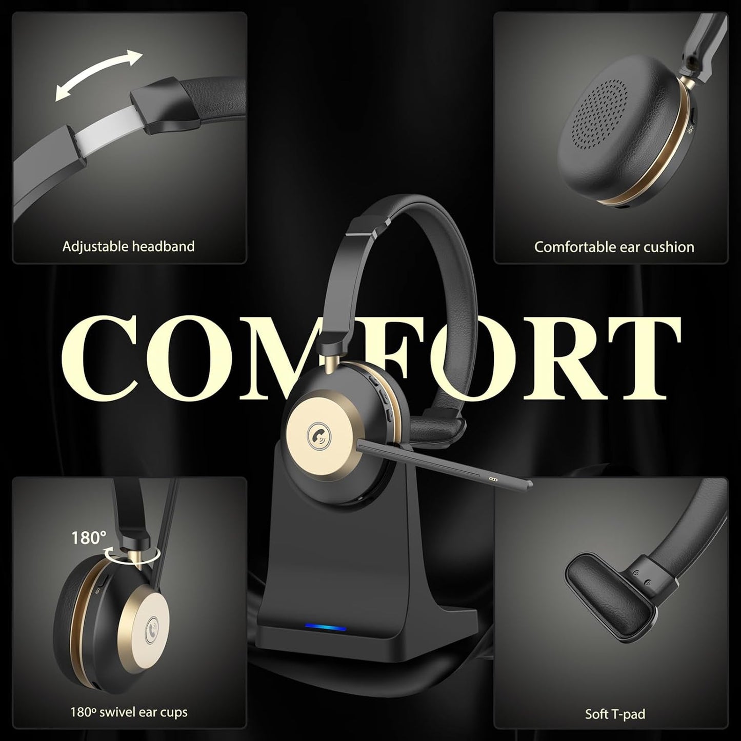 V5.3 Wireless Headset with Mic for Work, 45Hrs Computer Headset with Microphone, Bluetooth Headphones with Noise Cancelling Mic, Charging Base, USB Dongle & Mute Button for PC, Skype, Zoom