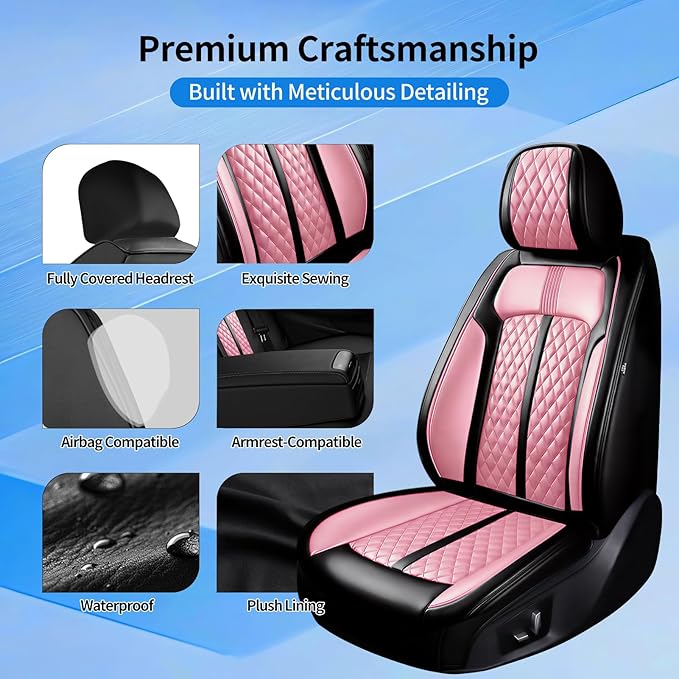Fit Prologue Car Seat Covers for Select Honda Prologue 2024-2026 - Premium Full Coverage Leather, Airbag Compatible, Waterproof & All Weather Seat Cushion Protector, Front Pair Black+Pink