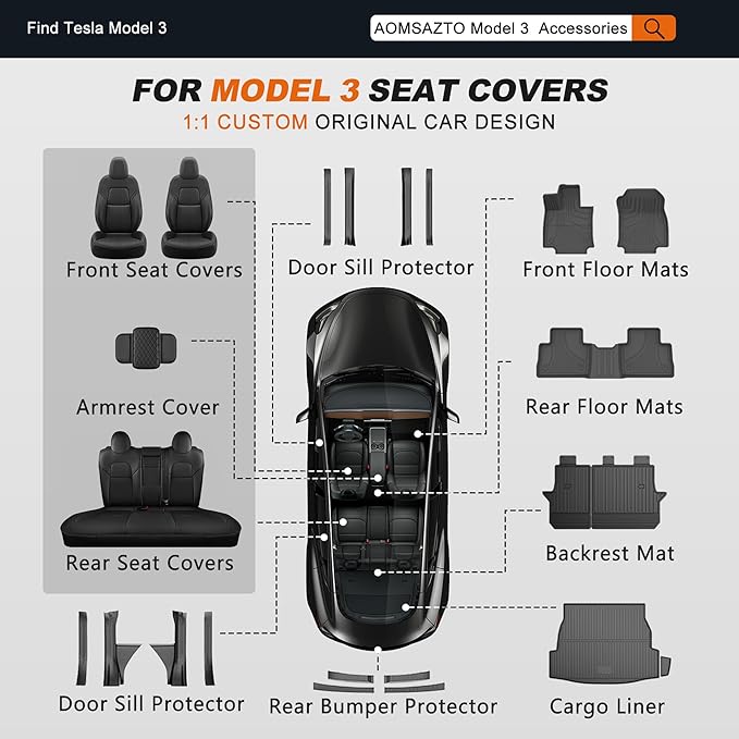 AOMSAZTO Seat Covers for Model 3 2017-2023-Full Set Leather Waterproof Car Seat Covers Airbag-Ready Design Custom Fit for Tesla Model 3(with Armrest & Rear Door Pads Cover)-Wine Red