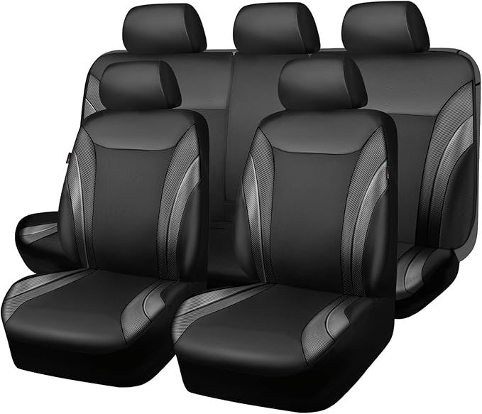 CAR PASS Premium Carbon Fiber Leather Car Seat Covers Full Set,Airbag Compatible,5mm Composite Sponge Inside,Sporty Universal Fit for SUV,Van,Sedan,Truck (Full Set,Black)