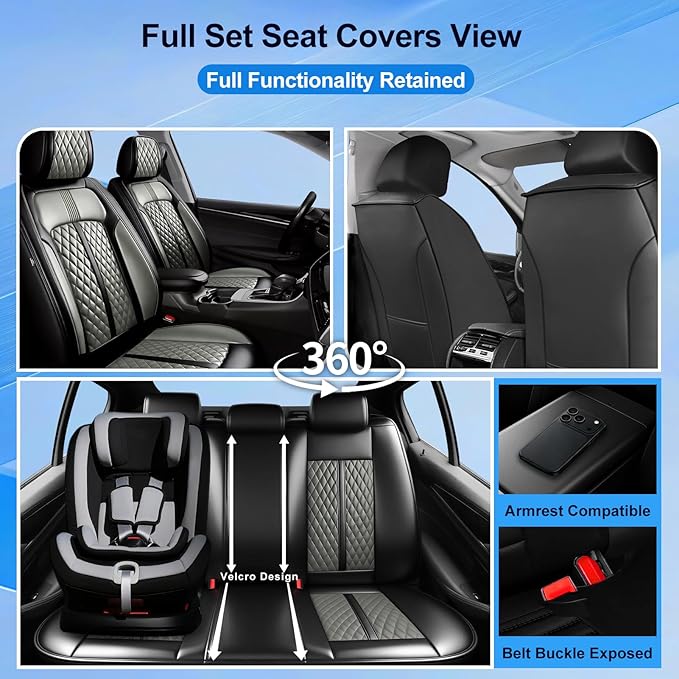Fit RAV4 Car Seat Covers for Select Toyota RAV 4 2013-2026/RAV4 Hybrid - Premium Full Coverage Leather, Waterproof & All Weather Seat Cushion Protector, Front Pair Black+Gray