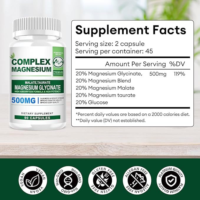 2 Pack Magnesium Complex Capsules 500MG, Blend with Magnesium Glycinate, Taurate, Malate - 180 Capsules