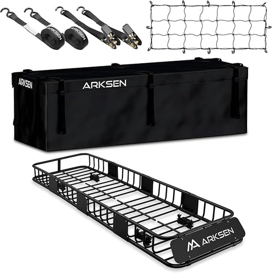 ARKSEN Skinny Roof Rack 64"x23"x6" Cargo Carrier with Waterproof Bag, Net, Straps & Anti-Slip Mat, Heavy Duty Top Mount Cargo Basket, Luggage Camping Gear Storage for Car, Truck or SUV Transport
