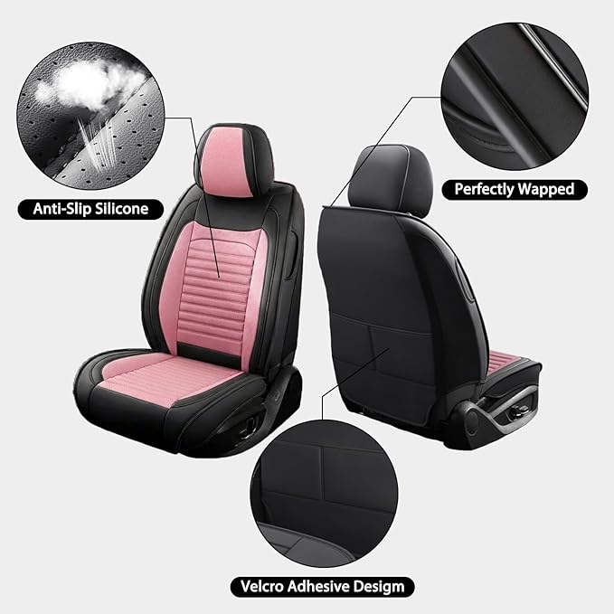 Car Seat Covers Full Set Fit for Toyota Yaris 2007-2020, Premium Faux Leather Car Seat Protector,Breathable Anti-Slip Full Wrapping Edge Seat Covers(Black&Pink,Full Set)