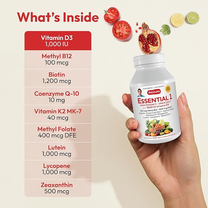 ANDREW LESSMAN Essential-1 Multivitamin 1000 IU Vitamin D3 60 Small Capsules - 100 mcg Methyl B12. CoQ10 Lutein Lycopene Zeaxanthin. High Potency. No Additives. Ultra-Mild. One Daily Capsule