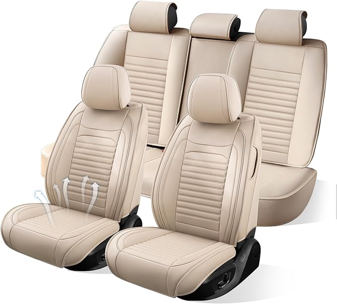 Truck Seat Covers Full Set Fit for Toyota Tacoma 2001-2026, Premium Faux Leather Car Seat Protector,Breathable Anti-Slip Full Wrapping Edge Seat Covers(Beige,Full Set)