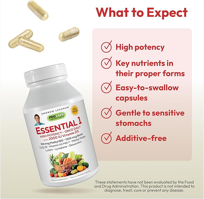 ANDREW LESSMAN Essential-1 Multivitamin 2000 IU Vitamin D3 180 Small Capsules - 100 mcg Methyl B12. CoQ10 Lutein Lycopene Zeaxanthin. High Potency. No Additives. Ultra-Mild. One Daily Capsule