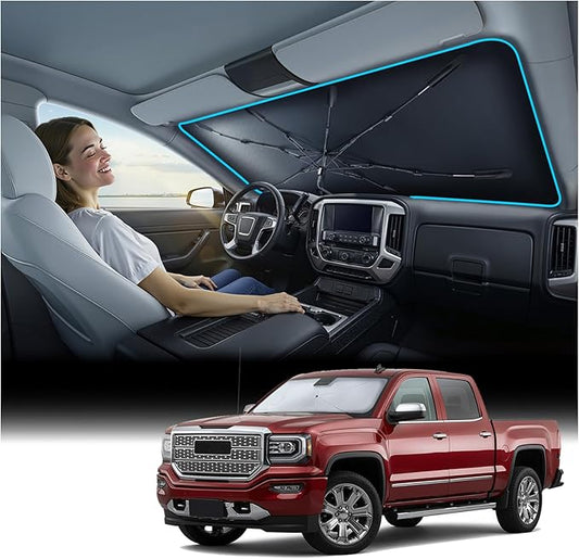 Windshield Sun Shade Umbrella for Sierra - [Vinyl Coating Heat Shield] Protect Car from Sun Rays & Heat Damage Keep Cool and Protect Interior, Spring Structure Edge