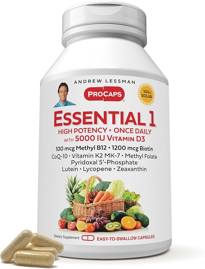 ANDREW LESSMAN Essential-1 Multivitamin 5000 IU Vitamin D3 60 Small Capsules - 100 mcg Methyl B12. CoQ10 Lutein Lycopene Zeaxanthin. High Potency. No Additives. Ultra-Mild. One Daily Capsule