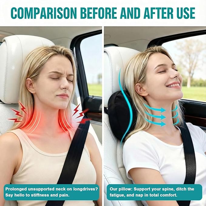 2PCS Car Pillow for Car Neck Pillow for Driving Seat Neck Support Soft Cushion Back Support Head-Rests for Vehicle Sleeping with Elastic Adjustment Strap (Golden, Head)