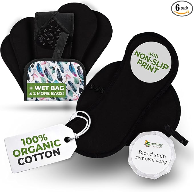 Non-Slip Reusable Period Pads for Teen Girls (S+M, 6-Pack); High-Temp Washable Organic Cotton Cloth Pad; Reliable, Non-Irritating, Soft Reusable Pads Menstrual for Secure & Comfortable First Period