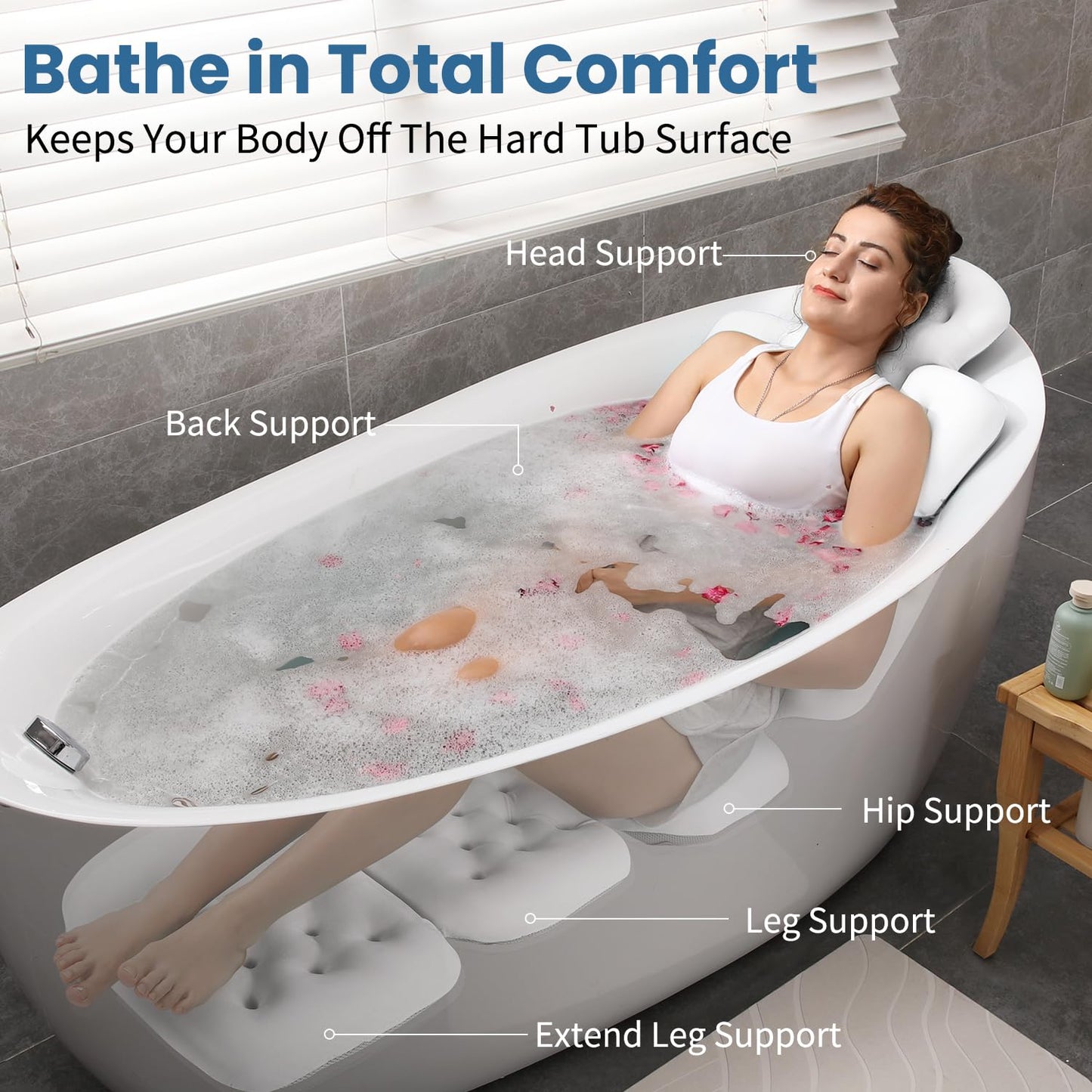 Full Body Bath Pillow for Bathtub, Thick Bathtub Cushion with Laundry Bag, Luxury Tub Pillow for Bath for Headrest Neck and Back Support White 60" x 16"