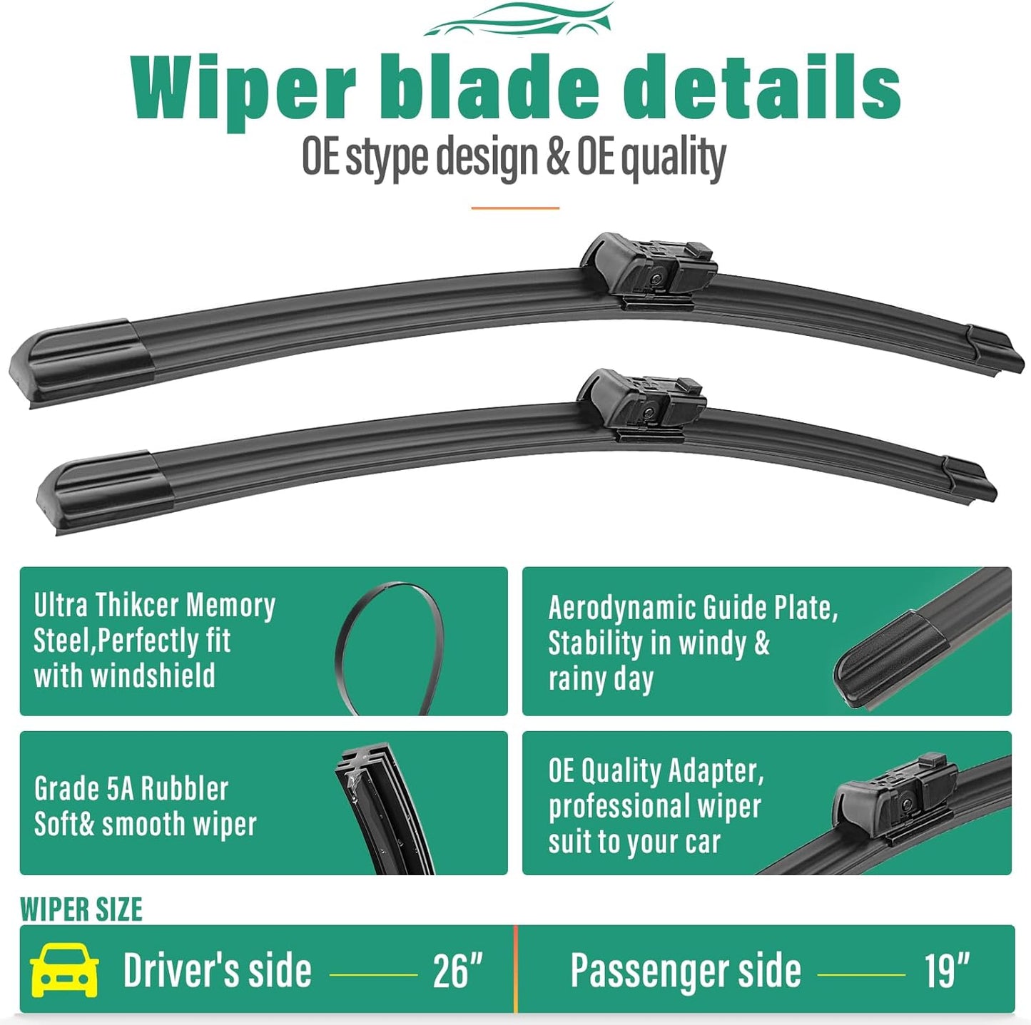 26" 19" 12" Windshield Wiper Blades Replacement for Infiniti QX60 2022 2023 2024 2025 QX 60 Premium All Weather Front Rear Wipers Set - OEM Quality (Pack of 3)