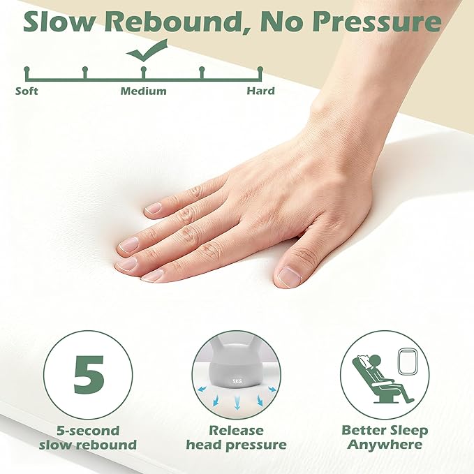 Cooling Camping Pillow, Memory Foam Travel Pillow with Adjustable Buckle Strap & Storage Bag, Compact Small Pillow for Airplane, Car Lumbar, Office, Washable Cooling Cover, Canopy Green