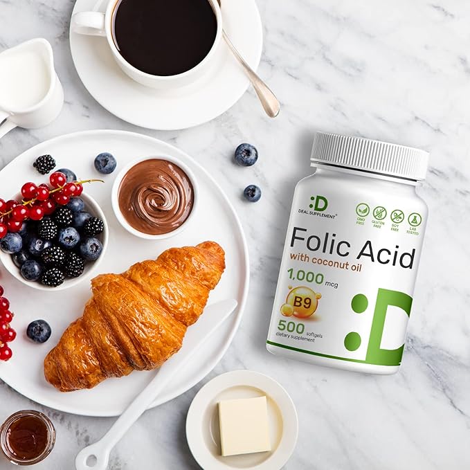 DEAL SUPPLEMENT Folic Acid 1000 mcg (1 mg), 500 Coconut Oil Softgels | Bioavailable Prenatal Vitamins (Vitamin B9) – 1,667 mcg DFE – Easy to Swallow, Non-GMO, & No Gluten