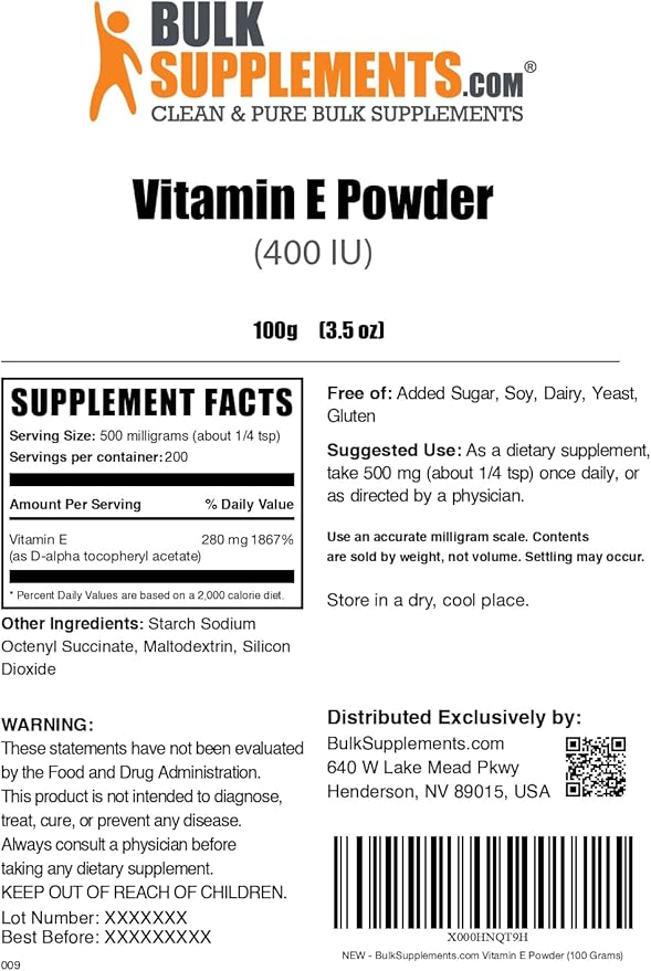 BulkSupplements.com Vitamin E 400 IU Powder - as D-Alpha Tocopherol, Nutritional Supplements - Gluten Free, 500mg per Serving, 100g (3.5 oz) (Pack of 1)