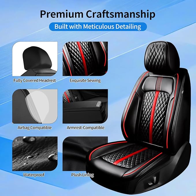 Fit RAV4 Car Seat Covers for Select Toyota RAV 4 2013-2025 2026 /RAV4 Hybrid - Premium Full Coverage Leather, Airbag Compatible, Waterproof & All Weather Seat Protector, Full Set, Red Trim