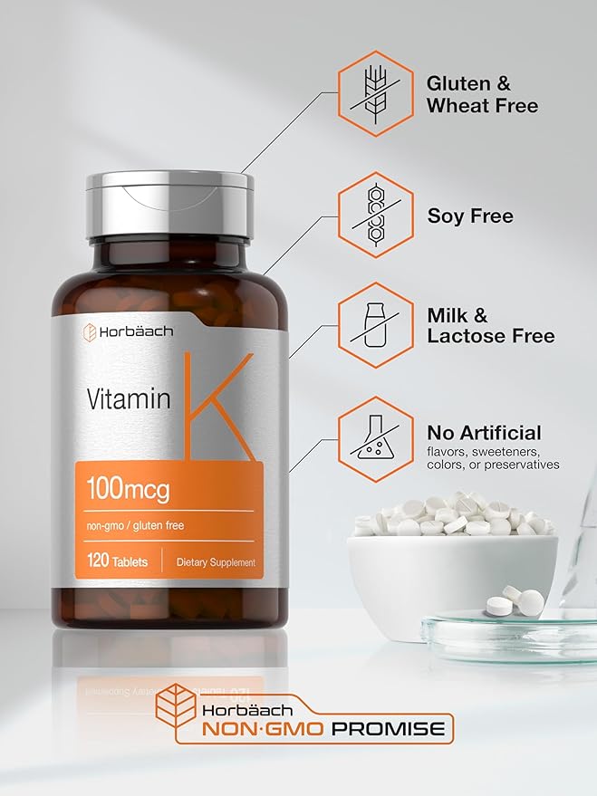 Horbäach Vitamin K Supplement | 100mcg | 120 Tablets | Vegetarian, Non-GMO & Gluten Free Supplement