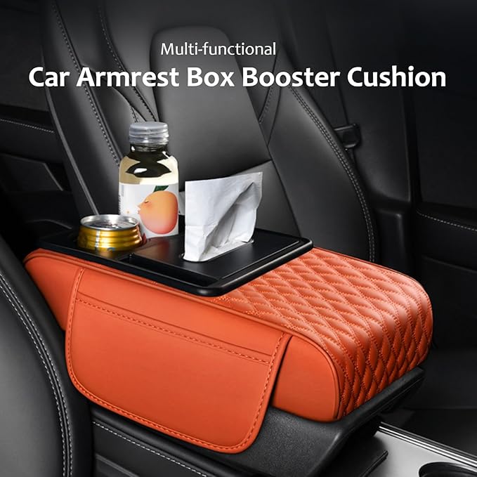 5-in-1 Car Armrest Pad Cushion, Water Ripple Embossed Center Console Booster Pad with Tissue Box, Cup Holder, Storage Bag, Phone Slot, Fit for Most Sedan Vehicles (Water Ripple Series, Black)